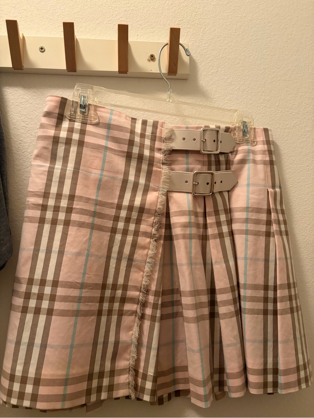 Burberry Pink Plaid Pleated Wrap Skirt with Buckles